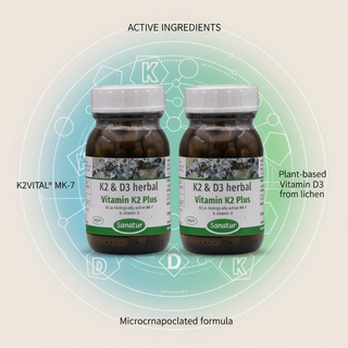 Sanatur Vitamin K2 Plus Value Bundle with active ingredient wording on a clean vitamin background without capsules tablets or powder