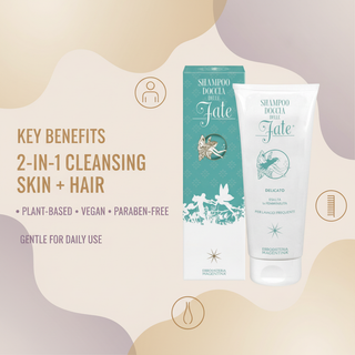 Organic Shower Gel and Shampoo Fate 200ml key benefits: 2-in-1 cleansing for skin and hair, plant-based, vegan, paraben-free and suitable for daily use