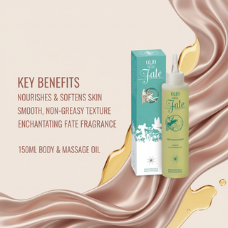 Fate Massage Oil 150ml key benefits: nourishes and softens skin, smooth non-greasy texture, enchanting Fate fragrance, body and massage oil