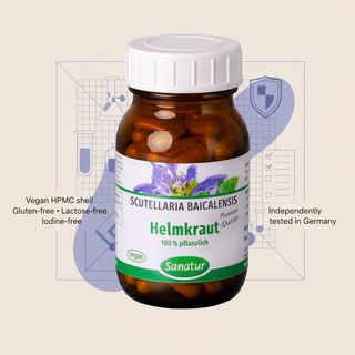 Sanatur Scutellaria product image with abstract German laboratory quality testing background