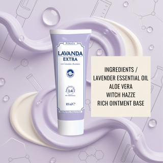 Lavender Ointment ingredients visual with Lavender Essential Oil, Aloe Vera, Witch Hazel and rich ointment base wording