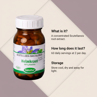 Sanatur Scutellaria product image with calm abstract question and answer information layout