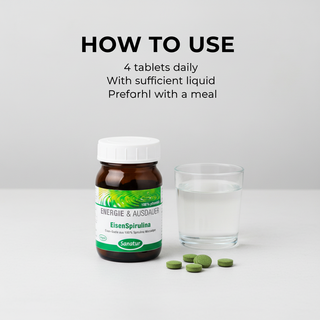 Sanatur IronSpirulina how to use image with four green tablets and one glass of water