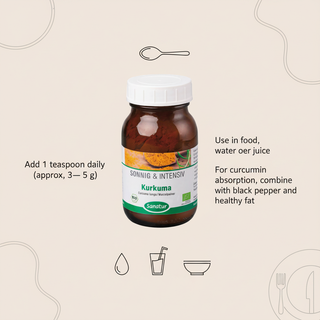 Sanatur Organic Turmeric product image with abstract kitchen routine, water, juice and meal background