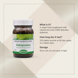 Sanatur ZincSpirulina product image with calm abstract question and answer information layout
