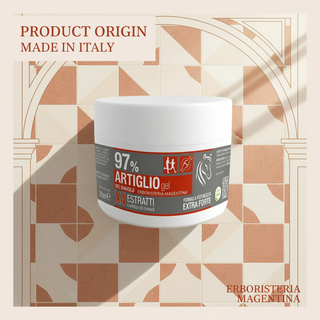 Devil's Claw Gel 97% 250ml Made in Italy origin infographic with Italian geometric architecture