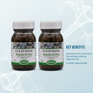 Sanatur Vitamin K2 Plus Value Bundle with key benefit wording on a clean vitamin science background without capsules tablets or powder