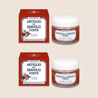 Two complete Devil's Claw Forte Balm 50ml sets arranged vertically, each with box and jar